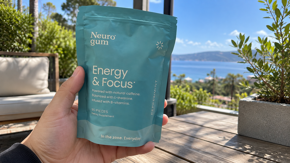 Neuro Gum review with Energy & Focus gum beside coffee and portable energy alternatives