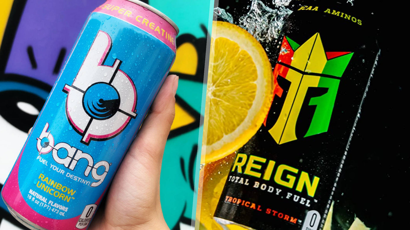 Side-by-side photos of Bang and Reign Energy Drinks