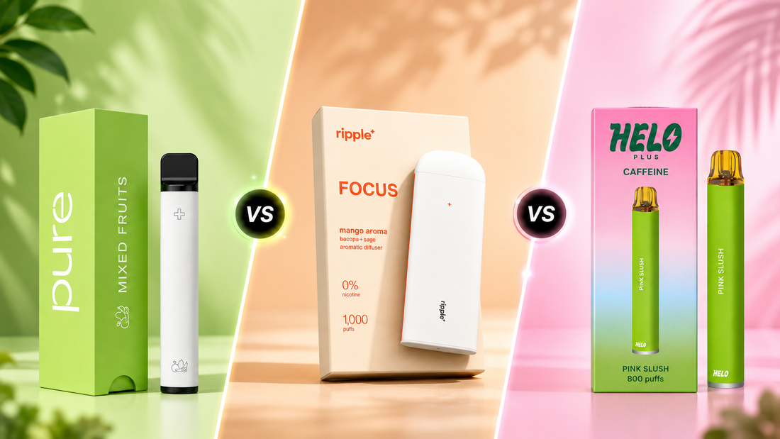 Pure Diffuser, Ripple+, and HELOMELO nicotine-free vapes lined up for a side-by-side comparison.